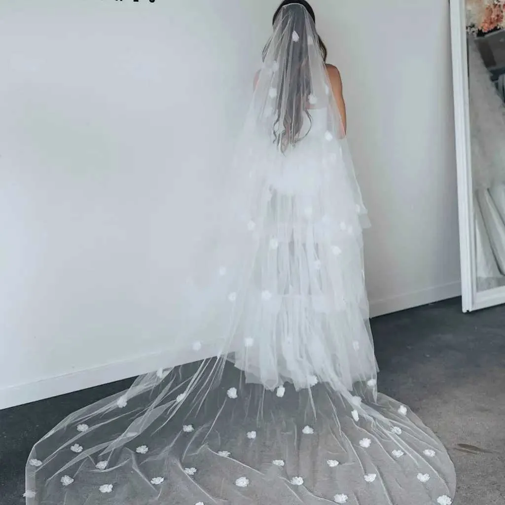 Bijoux de cheveux V190 Voile de mariage à deux couches Blusher Fleurs 3D Longue cathédrale Douce Illusion de mariée avec peigne Mariée_voghion.com