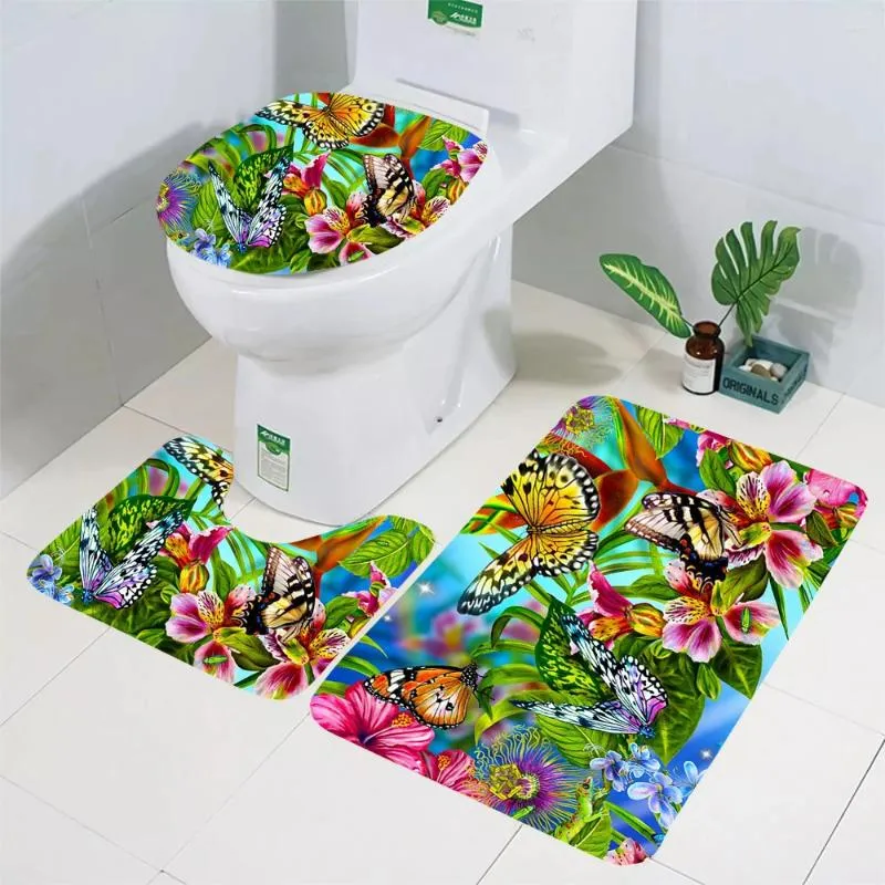 Mattes de bain Cloocl Toilet de toilette Ensemble plantes feuilles fleuris papillon 3D Tapis de sol imprimé tapis de salle de bain douche de salle de bain coussin 40x60cm