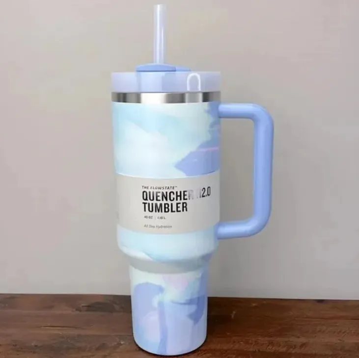 DHL 40oz Quencher Tumblers H.0 Clean Slate Warm Cool Serene Brushstrokes Cups 40oz roestvrijstalen mokken met handgreeplid en stro Car Tumbler Water Flessen 0513