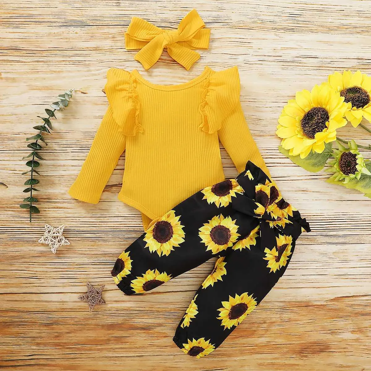 Set di abbigliamento set di tuta Falbala a maniche lunghe a 3 pezzi di abbigliamento a due pezzi con pantaloni sciolti di girasole a filo fascia morsa