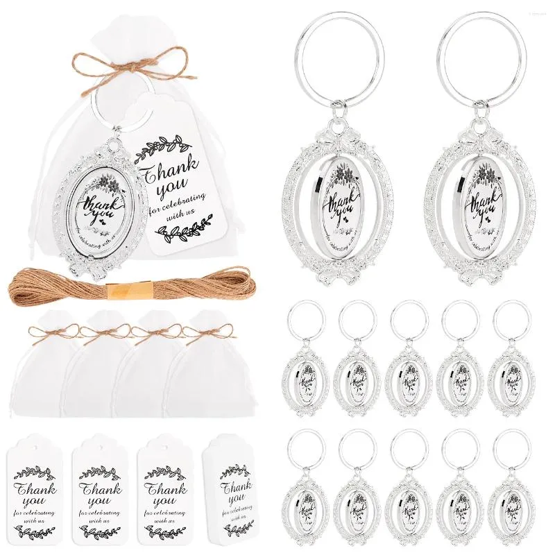 Party Gunst 6pcs Creatieve elliptische roterende sleutelhangers Wedding Return Gifts voor gasten Silver Keychain met Organza Bag en Thank You Card