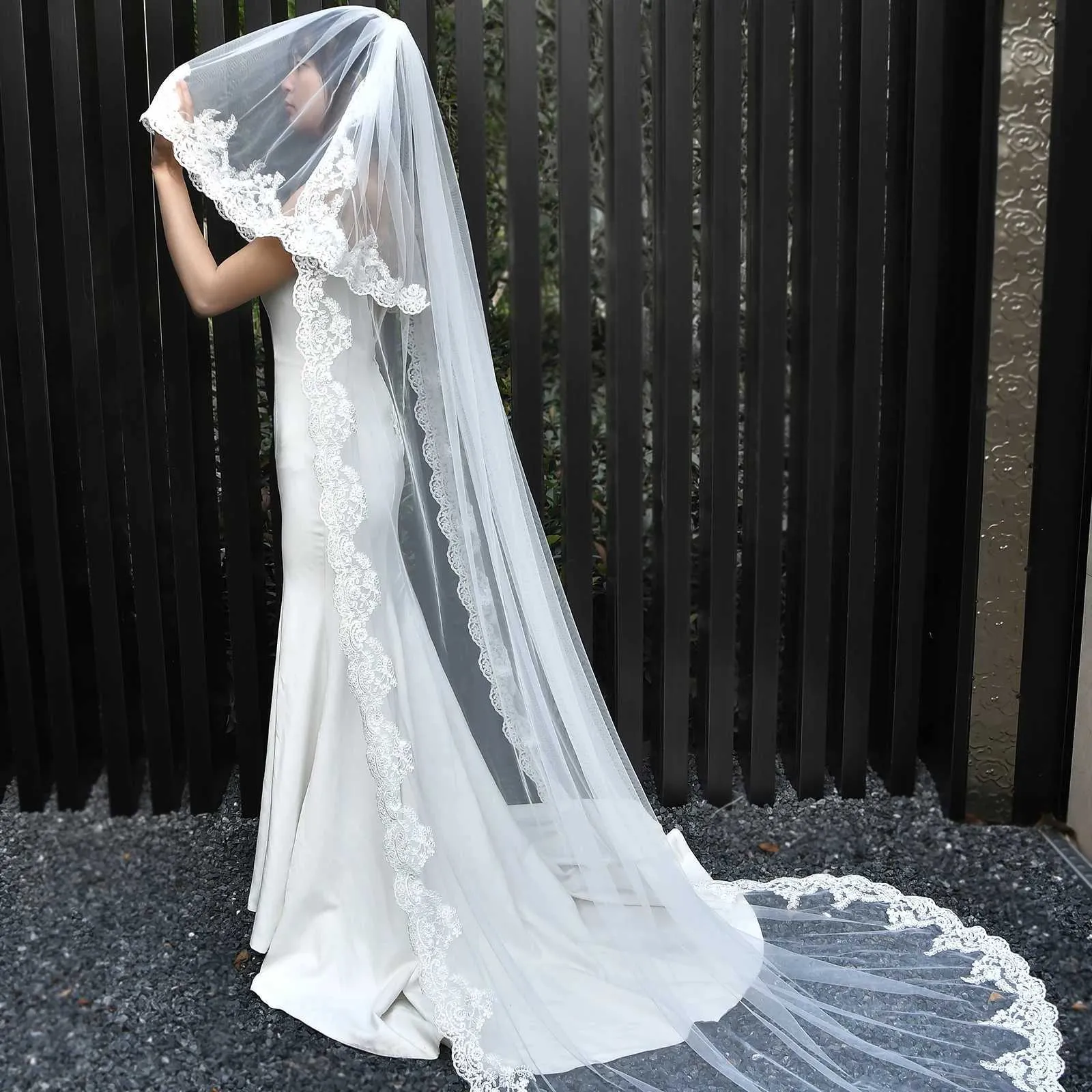 Gioielli per capelli M24 Veli lunghi 2 strati Sposa con fard Cattedrale Lunghezza Pizzo Applique Bordo Velo Accessori da sposa_voghion.com
