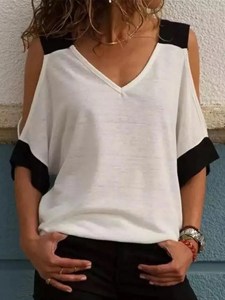 Dames t shirts patchwork koude schouder t-shirt 5xl tops v-neck halve mouw vrouwelijke tee shirt zomer casual voor vrouwen