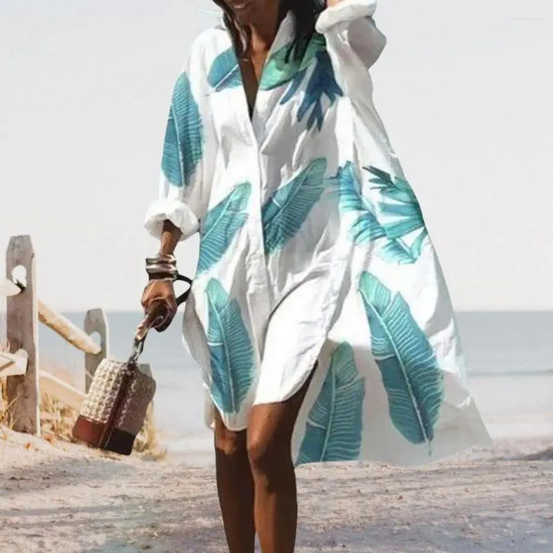 Vestidos informales Mujeres Fit Fit Vestido Resort Estilo de hojas Vacaciones de vacaciones de estampado para la playa para la camisa de mangas largas Tipo
