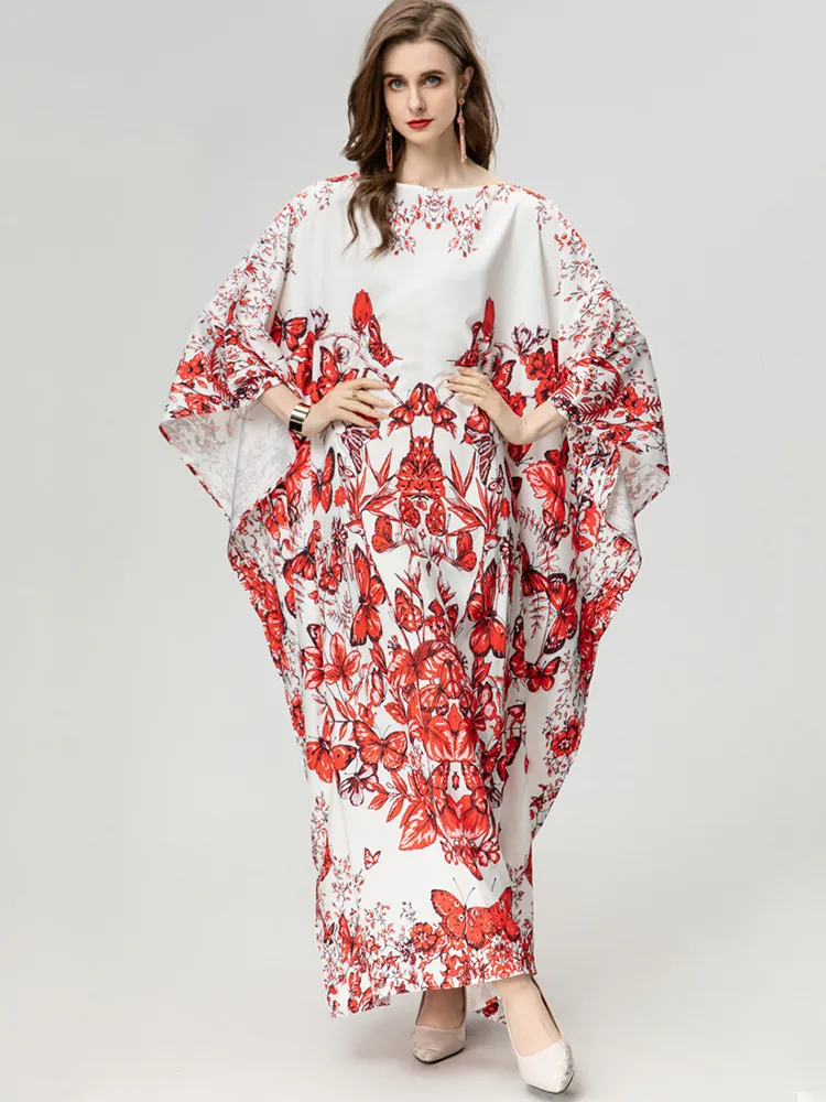 Women Loose Ankle-Length Dress with Crew Neck and Batwing Sleeve in Cotton  Polyester Fabric