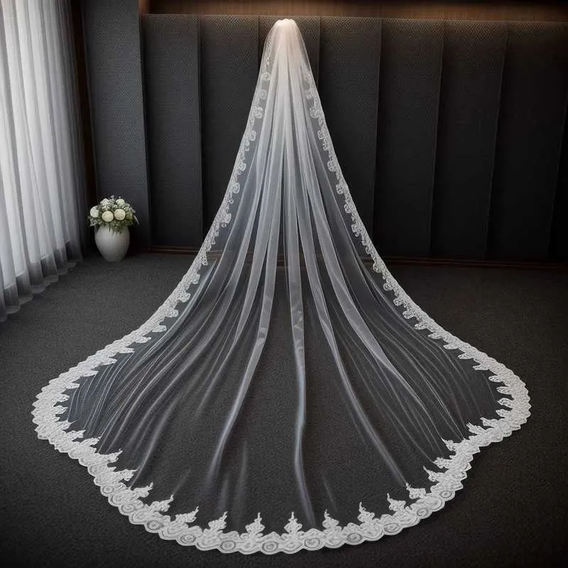 Hair Jewelry V153 Bridal Veils Long Cathedral Veil 1 Tier 3M Lace Appliques Scalloped Edge Mantilla Tulle Wedding_voghion.com