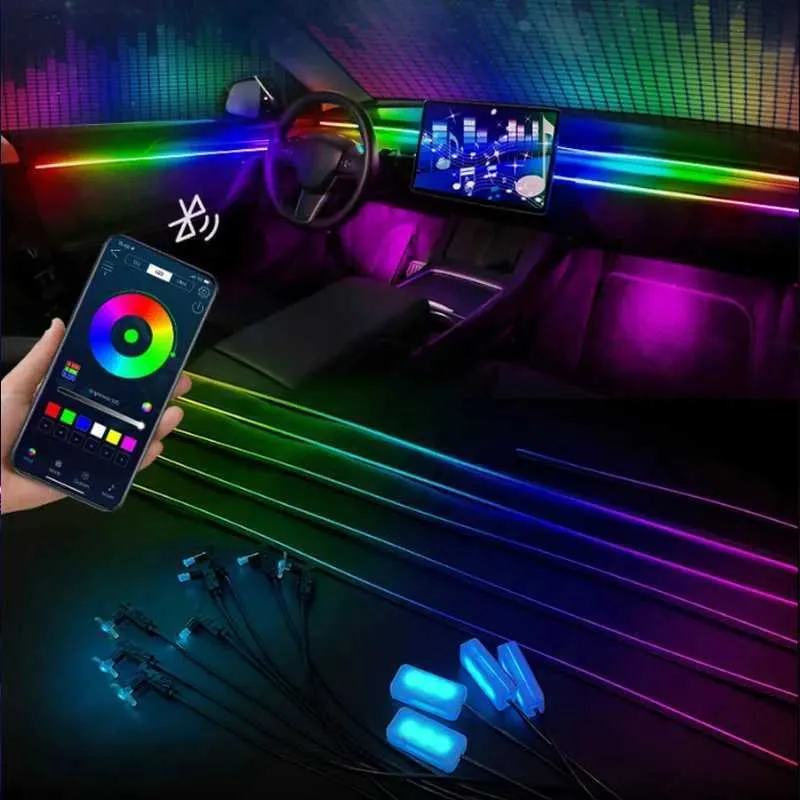 Decoratieve lichten auto kleurrijke omgevingslichten app besturing auto acryl kleurrijke led neon licht 64 rgb strip automotive interieur universeel 18 in 1 t240509