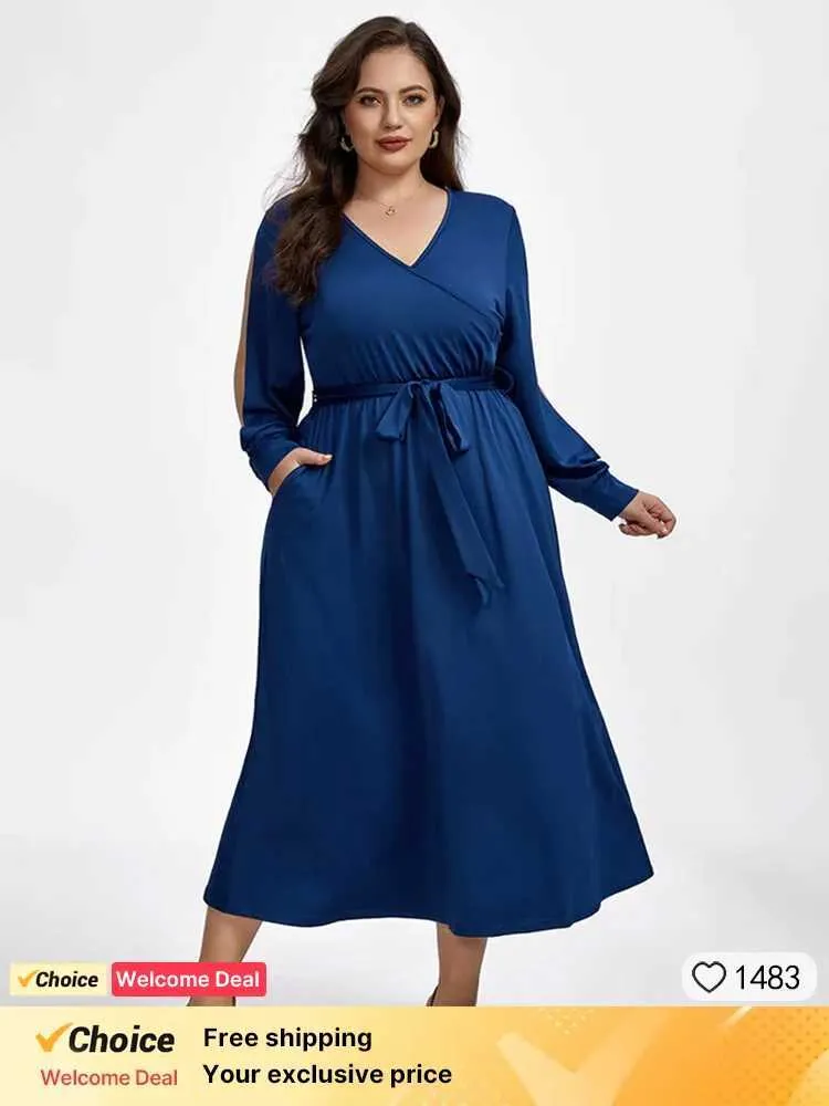 Vestidos de tamanho grande, além de roupas de tamanho casual cross v Dress de pescoço Hollow Out Lantern Slve Long Slve Wrap com cinto com bolsos Vestido Y240510