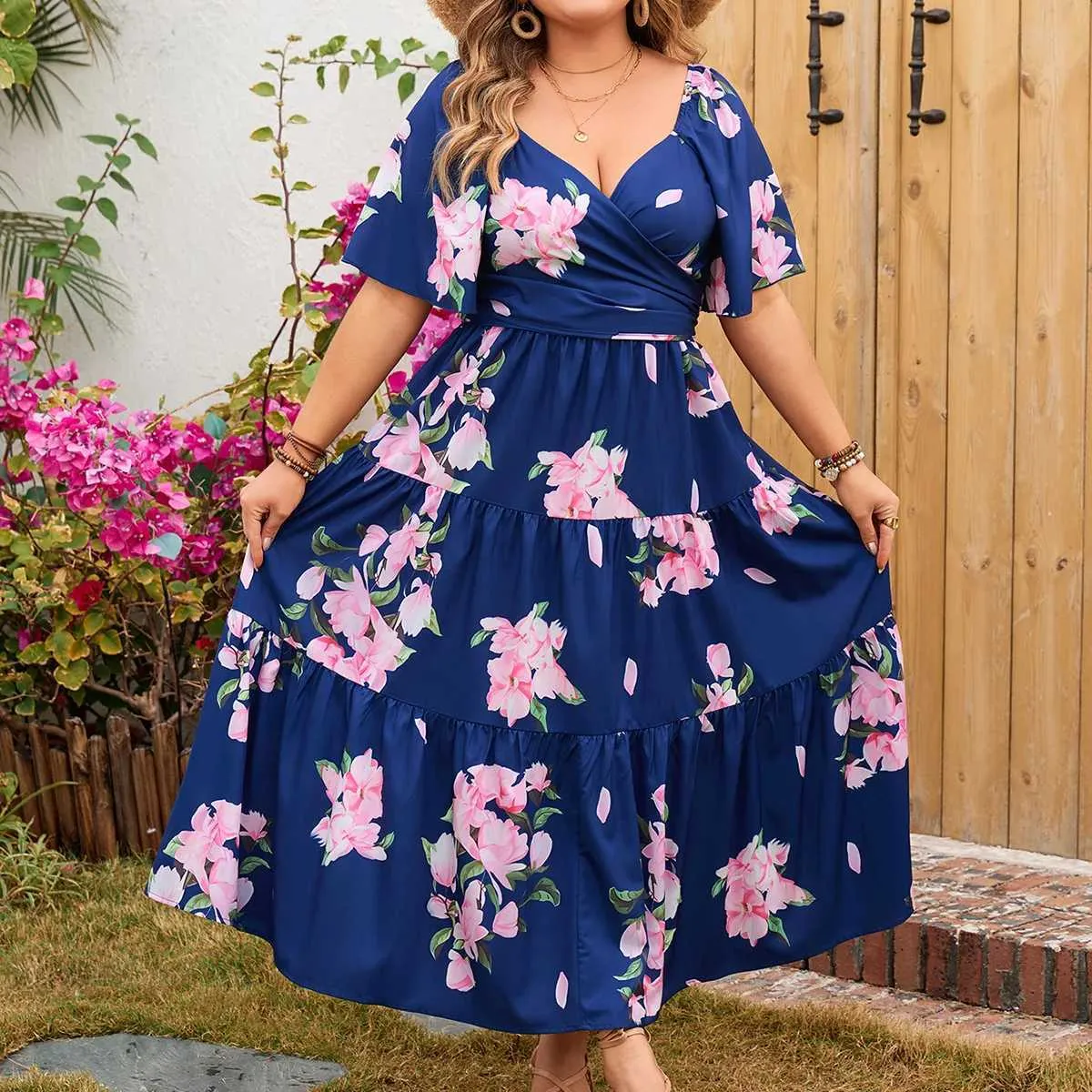 plus size floral dresses Ever-Pretty Mermaid Dress with Flutter Sleeves Spring & Summer Style Chiffon Silhouette Plus Size Summer Dresses: Floral,