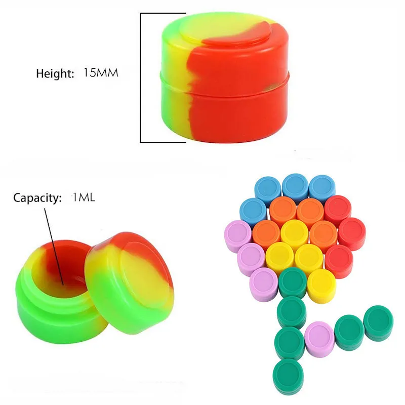 Groothandel kleurrijke mini 1 ml siliconen container voedselkwaliteit rubber anti-stick ronde mini potten dab gereedschap rubber opbergkast olie houder kleine wax container