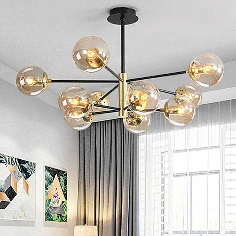 Modern Glass Ball Chandelier Nordic Led Round Ball Pendant Lights Indoor Black Retro Vintage Loft Chandelier Home Dece Lamps