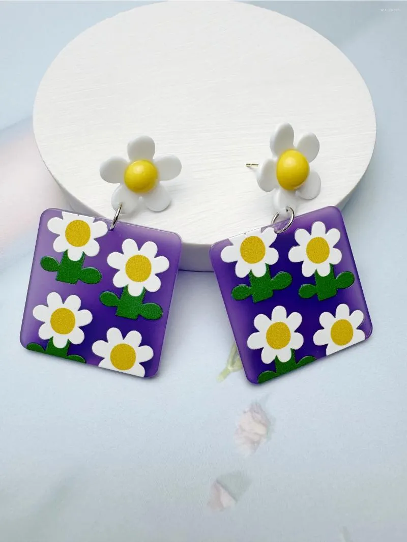 Dangle Earrings A Pair Of Sweet Printed Relief Sunflower Geometric Square Acrylic