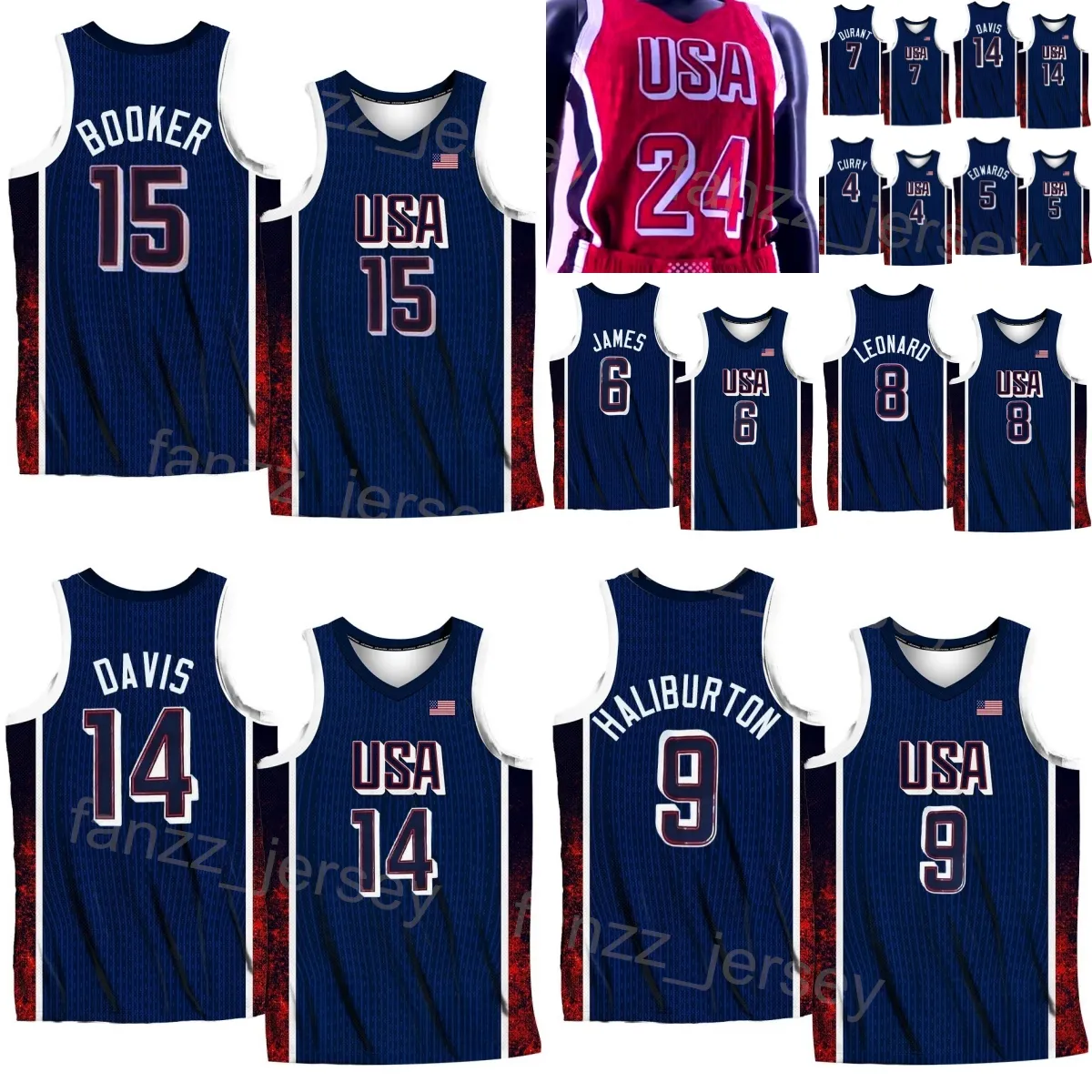 Imprimer 2024-25 Team Basketball US Jersey 12 Jrue Holiday 9 Tyrese Haliburton 5 Anthony Edwards 7 Kevin Durant 15 Devin Booker 10 Jayson Tatum 4 Stephen Curry Navy Red