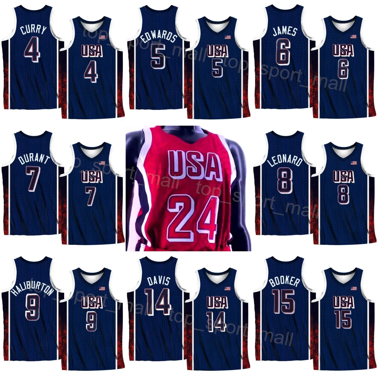 2024-25 US Basketball Jerseys 4 Stephen Curry 6 LeBron James 8 Kawhi Leonard 11 Joel Embiid 14 Davis 13 Bam Adebayo 7 Kevin Durant 15 Devin Booker 10 Tatum Nationaal team