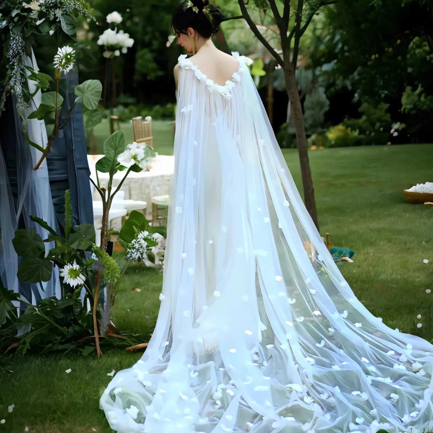 Haarschmuck Damen VG45 Brautumhang Schleier Lange Kathedrale Stil 3D Blumen Jacke Frauen Off Schulter Bolero Hochzeit_voghion.com