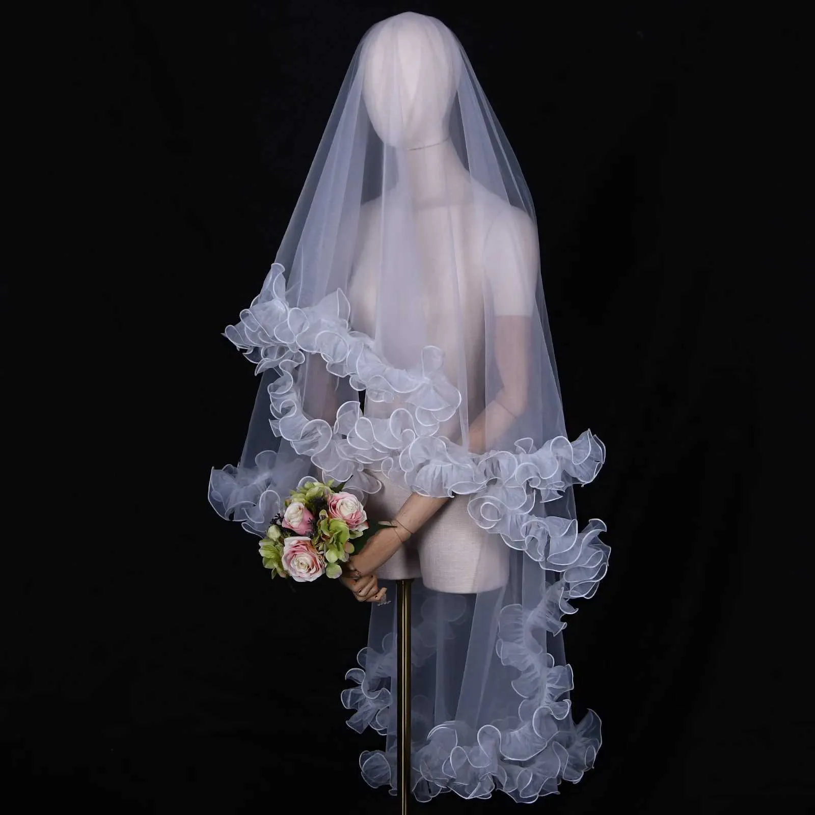 Hair Jewelry V212 Bridal Veils with Chic Ruffles NO COMB Veil Bolero Shawl Removable Wedding Accessory_ipsvogv.com