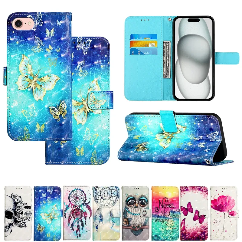 3D Leather Wallet Cases For Samsung M55 M62 M15 X Cover 7 6 5 M34 M54 M14 M52 M32 M53 M33 Iphone SE 4 SE4 Butterfly Skull Flower Dreamcatcher Flip Cover Holder Card Pouch