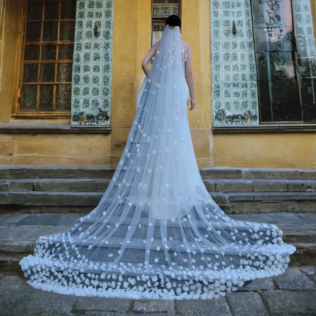 Hair Jewelry 3D Flowers Bridal Long Cathedral 1 Layer Soft Wide Veil with Comb Wedding Accessories for Bride V93_voghion.com
