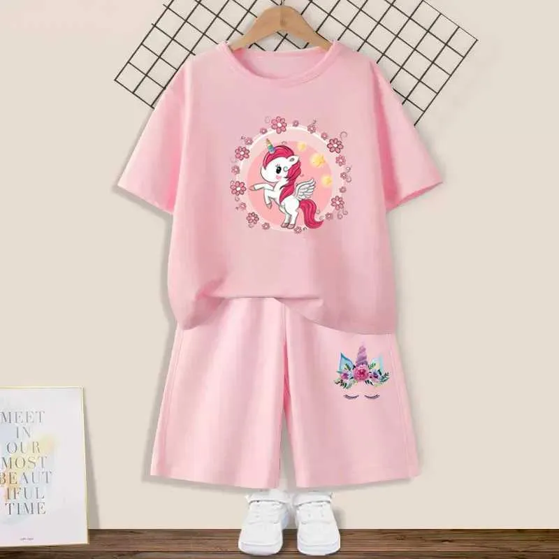 Комплект одежды набор мультфильмов для детей и девочек Летний день рождения Футболка с короткими рукавами+шорты с двумя частями для детей.