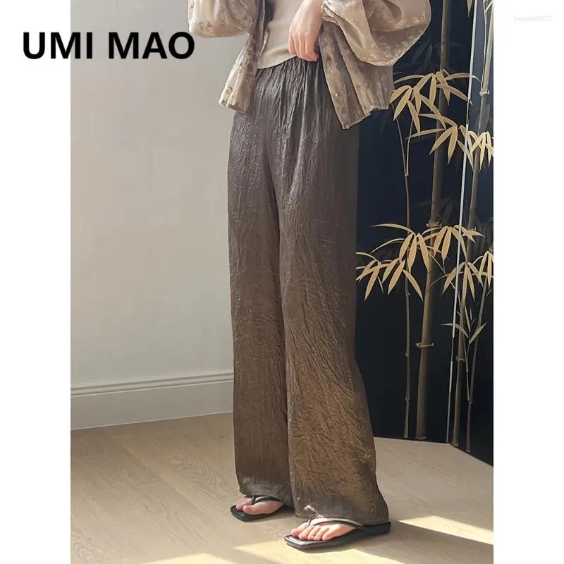 Kvinnors byxor umi mao skrynklig textur brett ben för 2024 vår sommaren high end draping golv drar rakt