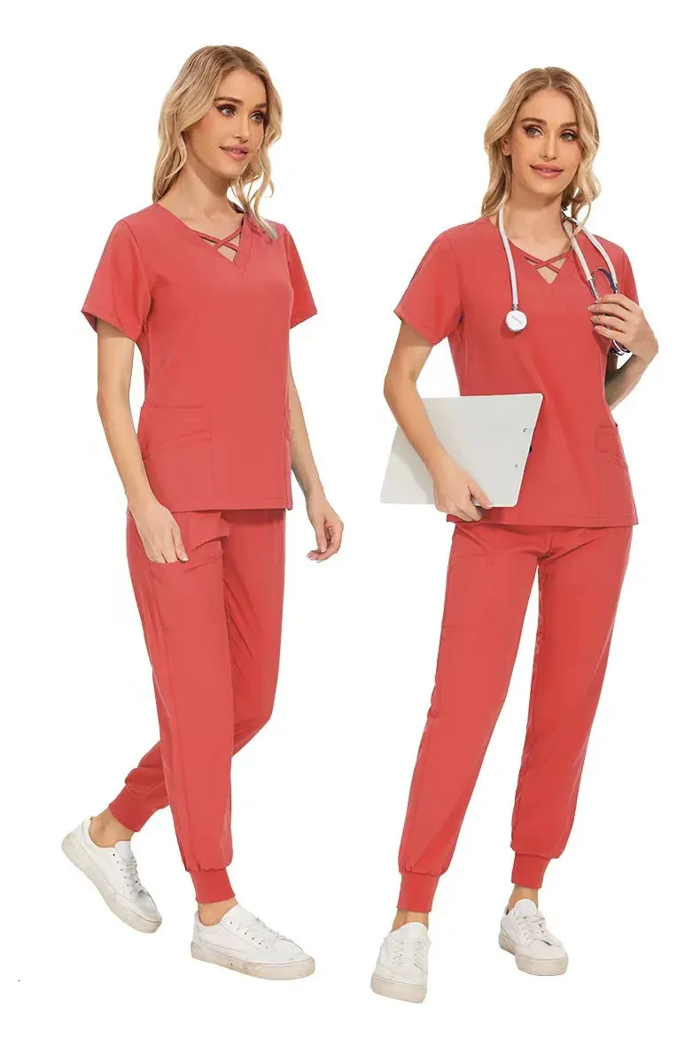 Stretch Women Slim Fit Scrubs Sets Uniforms Doctors Tops Joggers Gowns Nurse Accessories Salon Spa Workwear Set 240420