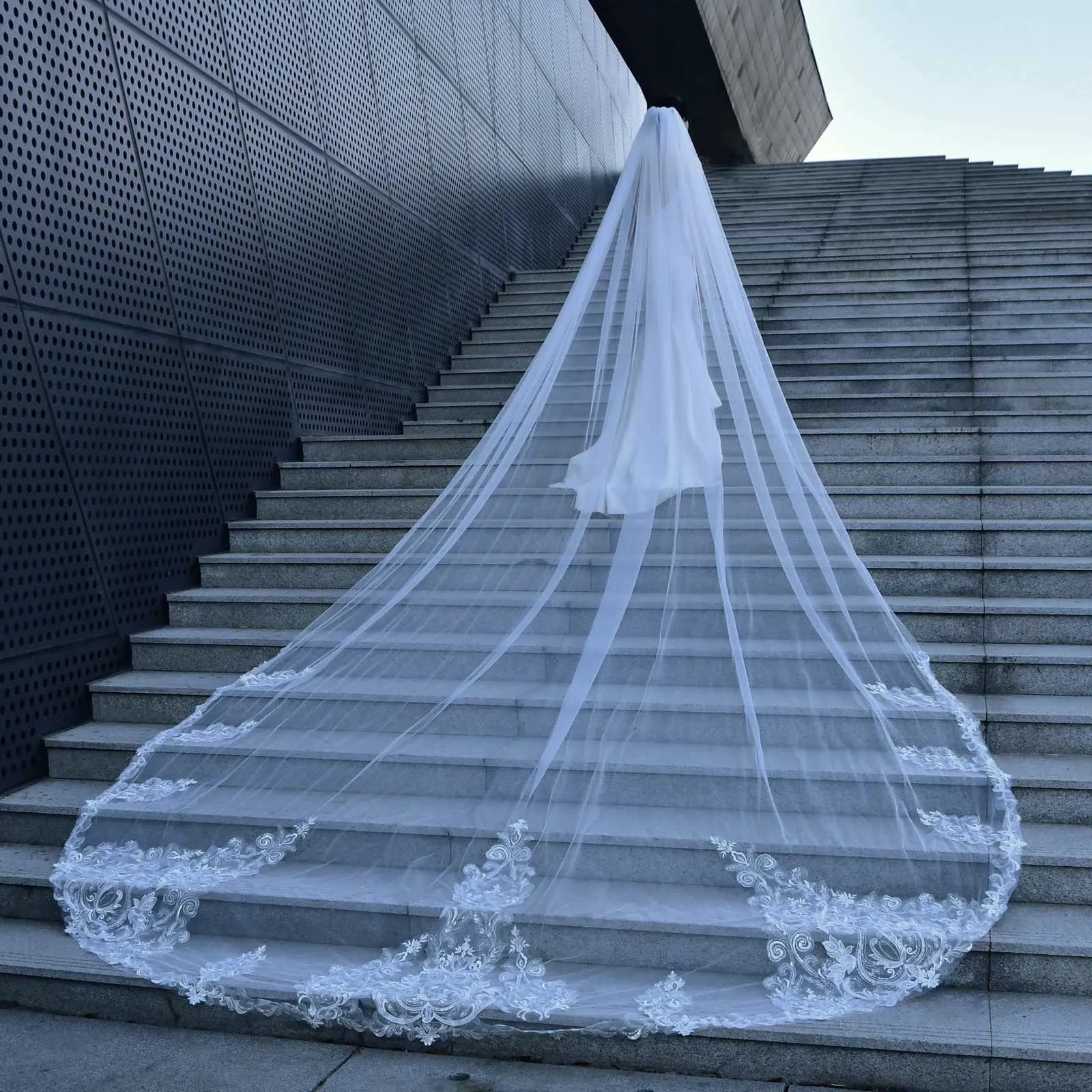 Gioielli per capelli Velo lungo da sposa a cattedrale Veli da sposa a 1 strato Applicazioni in pizzo Bordo Mantilla Accessori da sposa larghi per la sposa_voghion.com