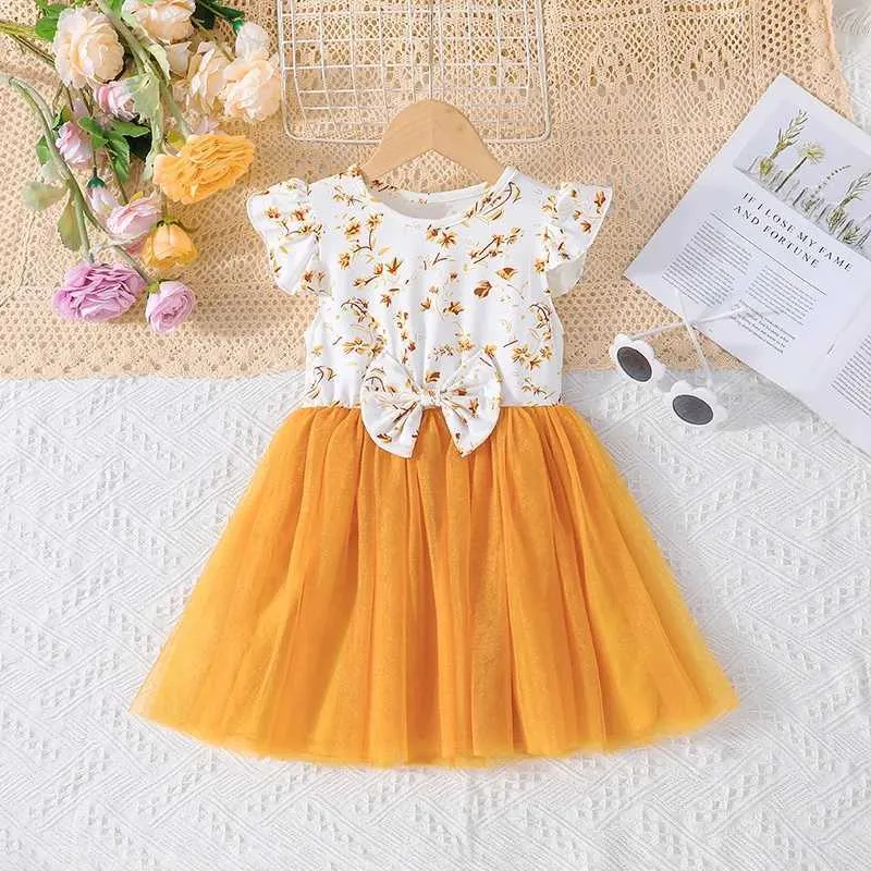 Robes de fille robe pour enfants 4 à 7 ans d'anniversaire à manches courtes mignonnes floral jaune archet princesse robes formelles ootd pour bébé girll240513