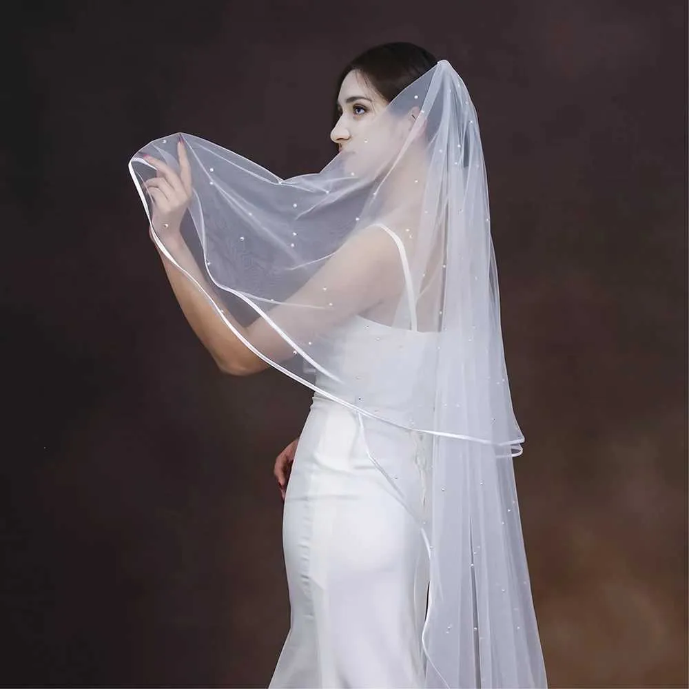 Haarschmuck Perlen Perlenbesetzter Brautschleier 2-stufig lang Kathedralschleier Bandkante mit Kamm Tropfenstil Brautkleider_voghion.com