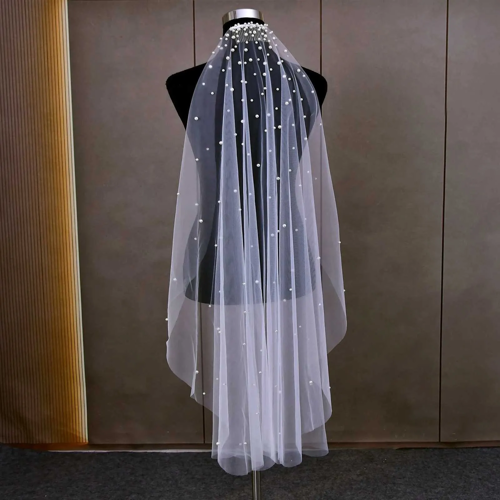 Gioielli V180 Perle Veli da sposa 1 livelli Velo Gradiente Perline Accessori per capelli Spose Mantiglia da sposa per la Chiesa_voghion.com