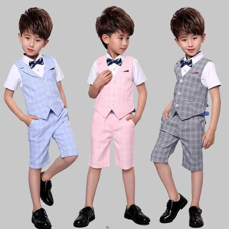 Anzüge Baby Boys Sommer Pink Formal Anzug Kinder Weste+Shorts 2PCS Foto Set Kinder Hochzeitsleistung Party Kleid Zeremonie Kostüm Kostüm