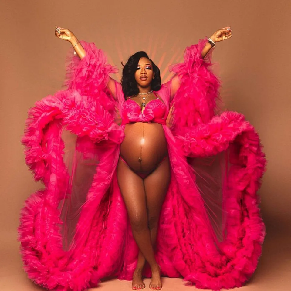 Robes de maternité rose vif africain pour séance photo ou baby shower ruffle tulle chic robes de bal robes de bal volant à manches longues photographie 259p
