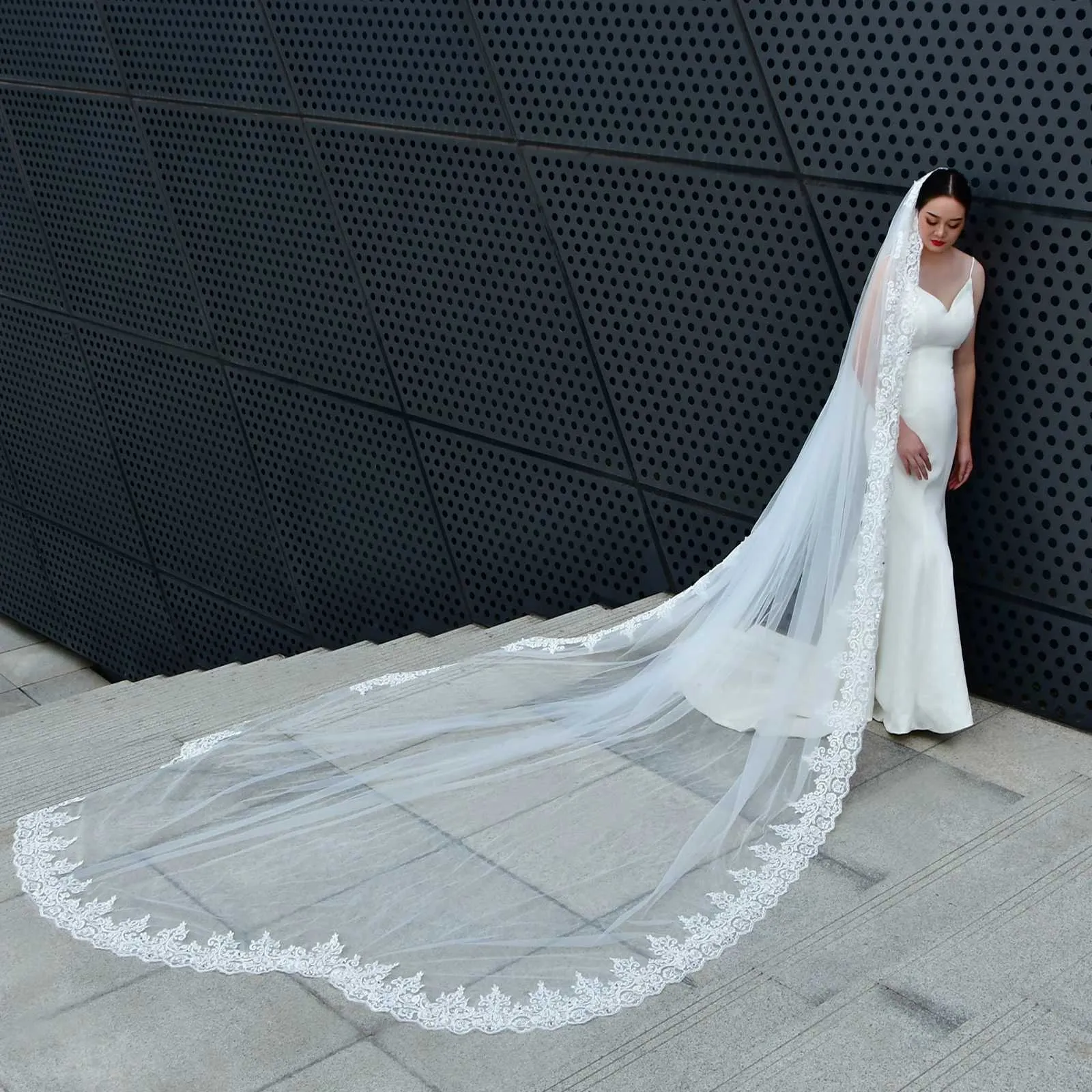 Hair Jewelry V153 Bridal Veils Long Cathedral Veil 1 Tier 3M Lace Appliques Scalloped Edge Mantilla Tulle Wedding_voghion.com
