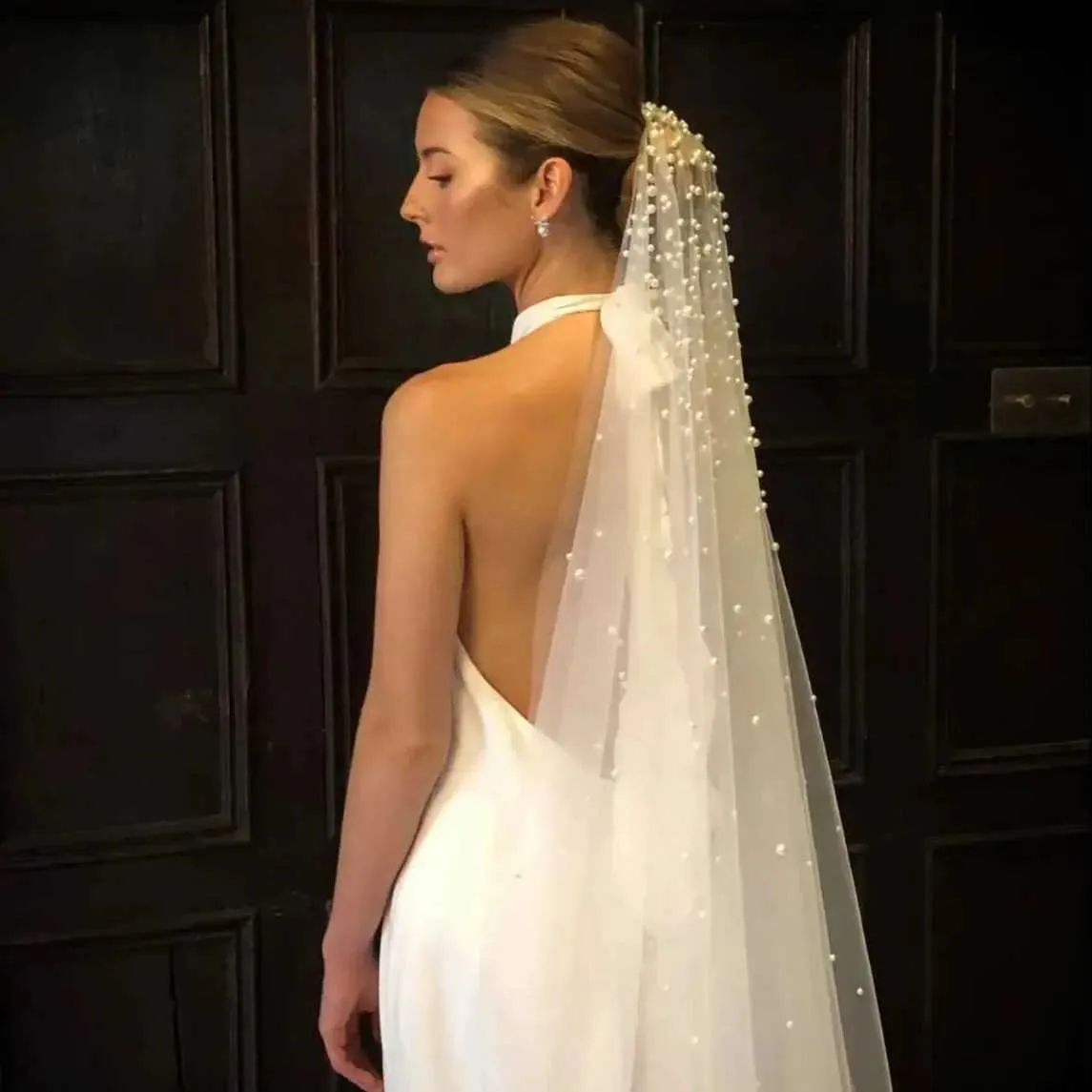Schmuck V180 Perlen Brautschleier 1 Ebenen Schleier Farbverlauf Perlen Haarschmuck Bräute Hochzeit Mantilla für die Kirche_voghion.com