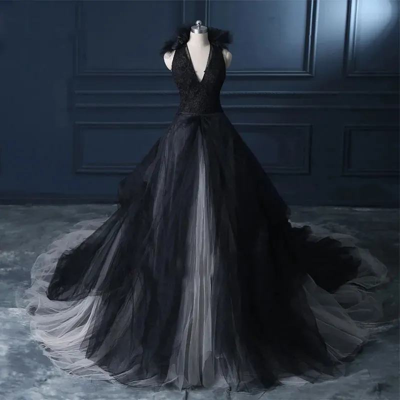 Vintage Gothic wedding dress with Open Back, Chapel Train, V-Neck, Sleeveless Design, Lace Appliques, and Tulle Beach Vestido de Novia 2024 Vintage Gothic wedding dress with Open Back, Chapel Train, V-Neck, Sleeveless Design, Lace Appliques, and Tulle Beach Vestido de Novia 2024