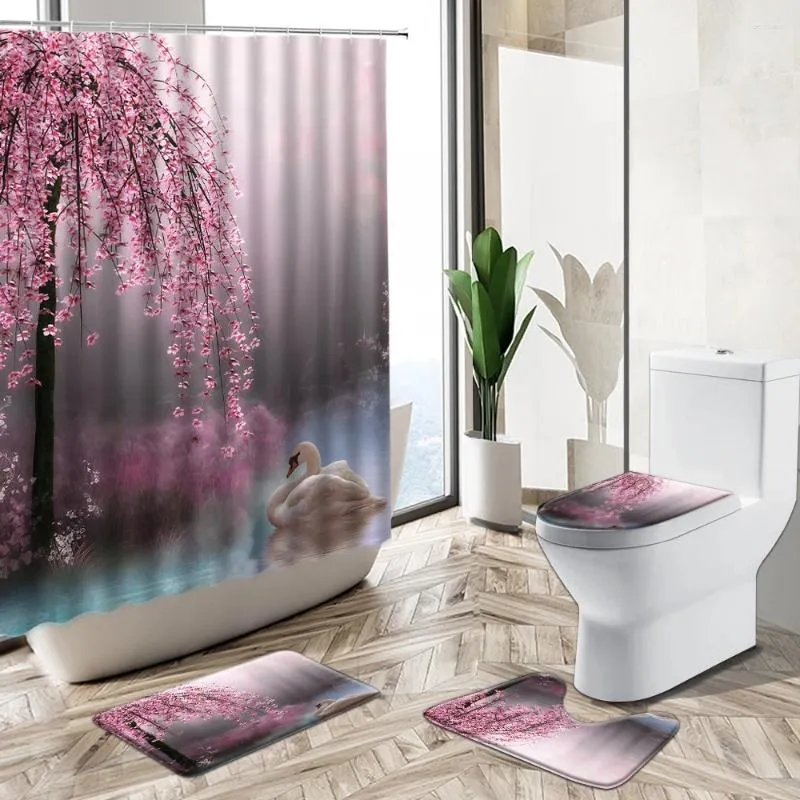 Duschvorhänge verträumte rosa Kirschblüten Schwan Vorhang Set Waldbaum Landdekoration Bad Matte Toilettenabdeckung Flanell Badezimmer Teppich