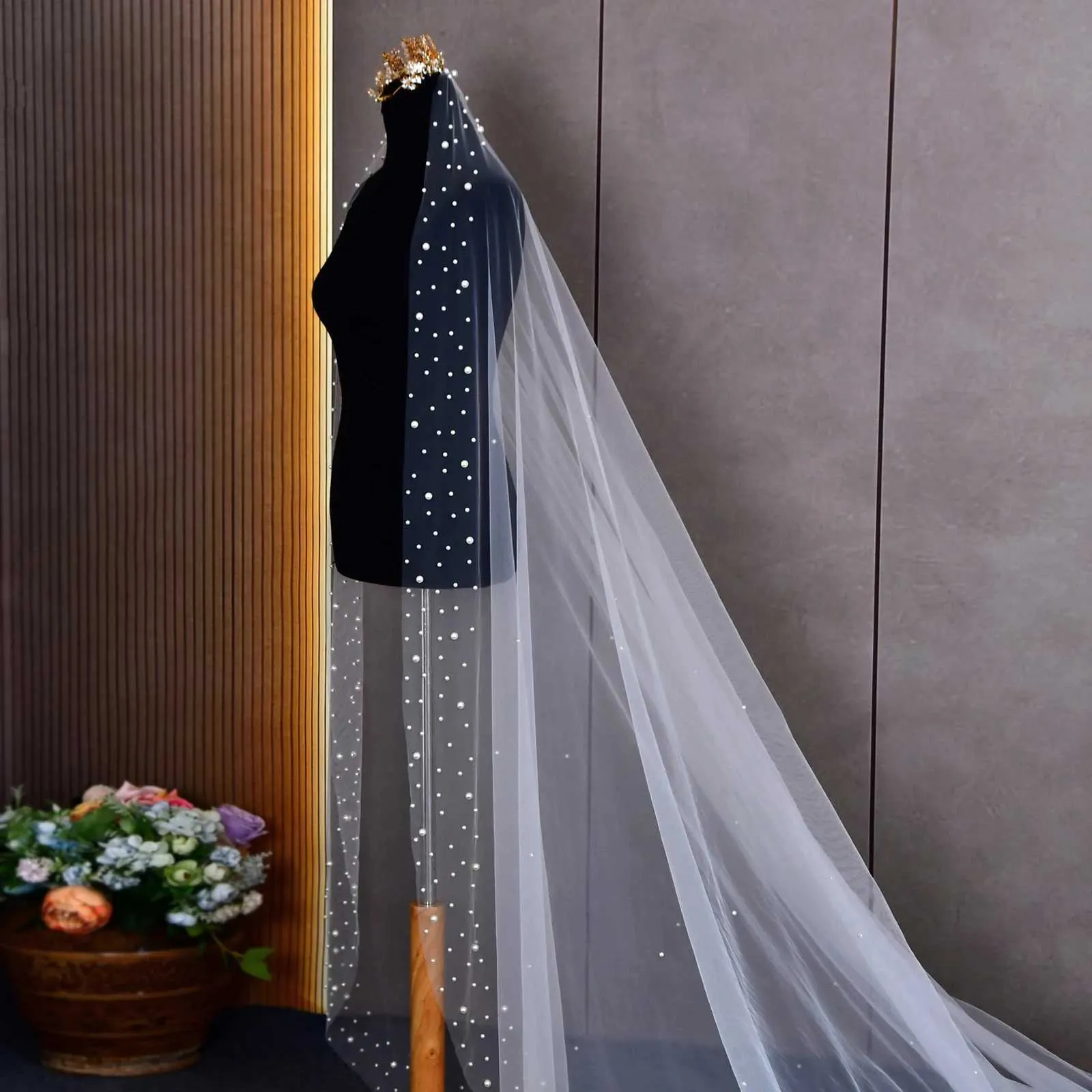 Haarschmuck V145 Extra Langer Kathedralschleier 3M Breit Perlen Perlenbesetzter Brautschleier mit Kamm Hochzeitsaccessoires Weiß Elfenbein_voghion.com