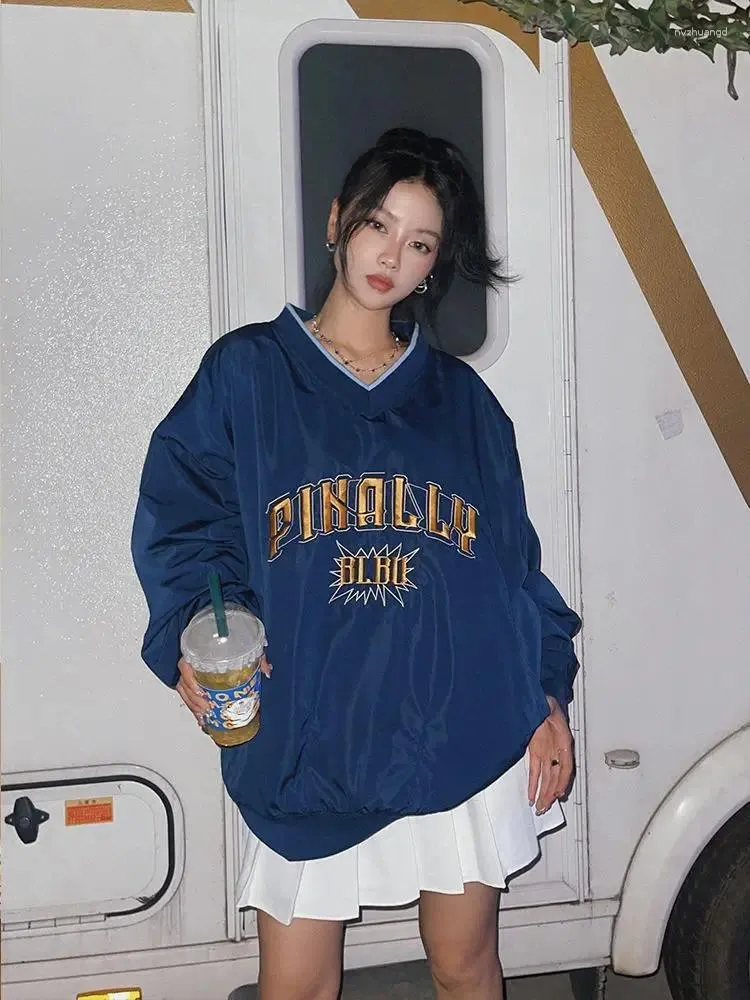 American Retro Street Letter Embroidered Women s polo hoodie vintage Autumn Thin Loose Casual Preppy Coat Top