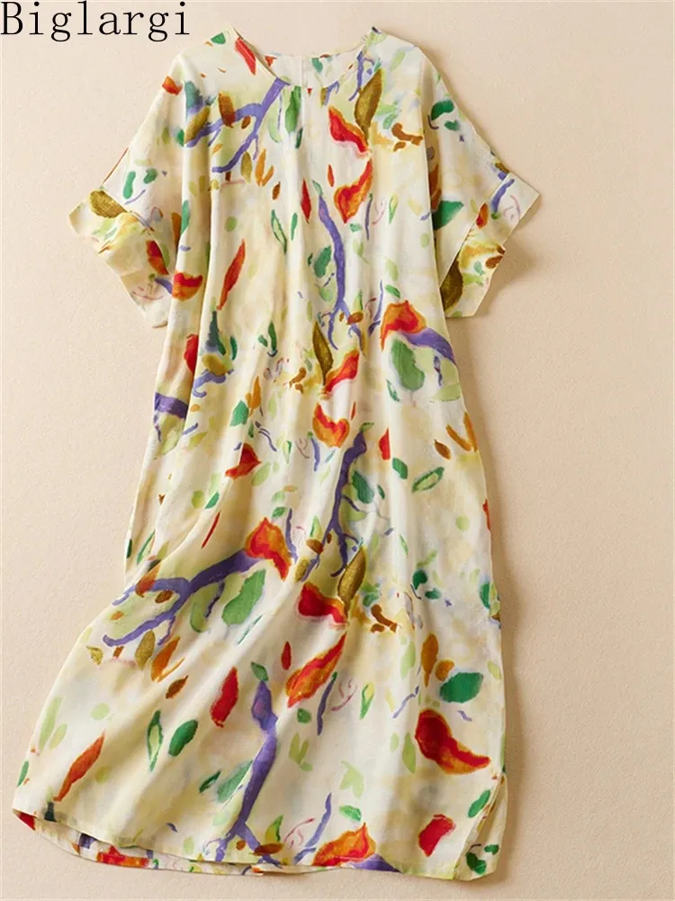 Plus Size Summer Vintage Blumenkleid lässige losen losen Damen Baumwolle Leinen Druckkleider Frau Blume Pullover Midi 240430