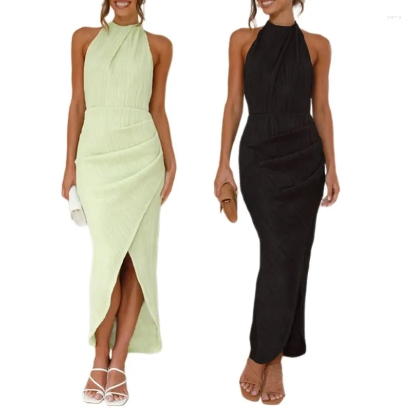 Robes décontractées Femmes sans manches Maxi Halters Neck Rucched Bodycon Side Slit Wrap Summers Dress Streetwears Cadeaux