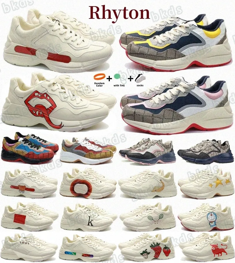 デザイナーRhyton Shoes Sneakers Beige Ebony Mouth 100 gプリントWebビンテージロゴTiger 25グレーネイビースターウェーブスポーツ厚いソール漫画wh4y＃