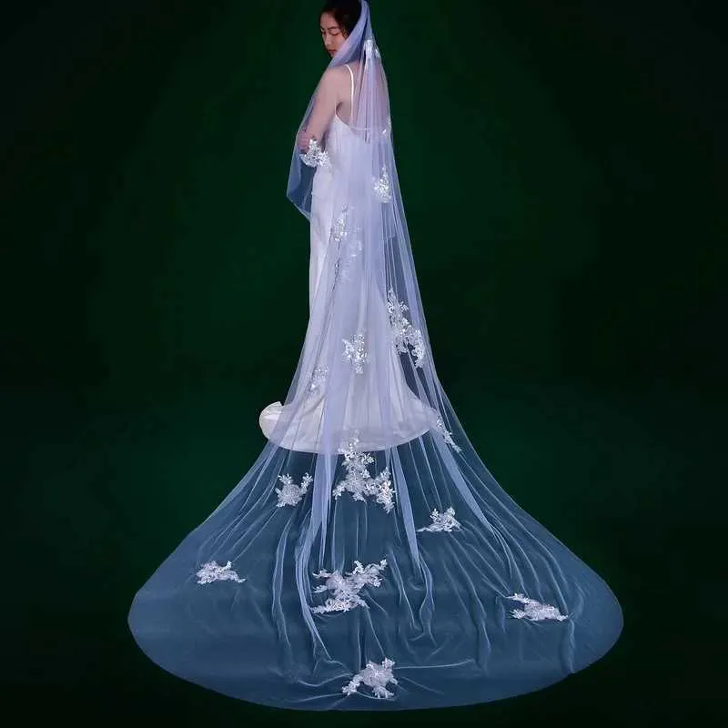 Hair Jewelry MZA53 Long Cathedral Veil Lace Appliques Bridal Veils Cut Edge 1 Tiers Soft Tulle Wedding Dress Accessories_voghion.com