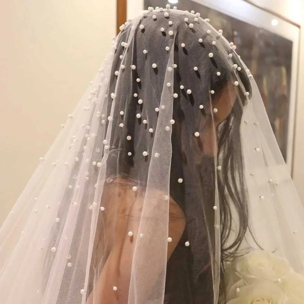 Hårsmykker V08 INGEN Kam Slør Perler Perlebesat Brudeslør Dækker Ansigt Katedral Længde Rå Kant Skønhed Brud Bryllup_voghion.com