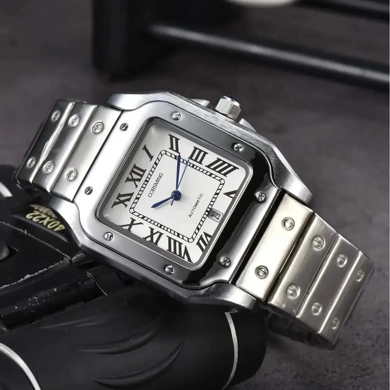 남성용 최고의 원본 브랜드 럭셔리 시계 39mm 스퀘어 다이얼 자동 날짜 자동 날짜 쿼츠 스틸 스트랩 테스트 판매 남성 시계 240510