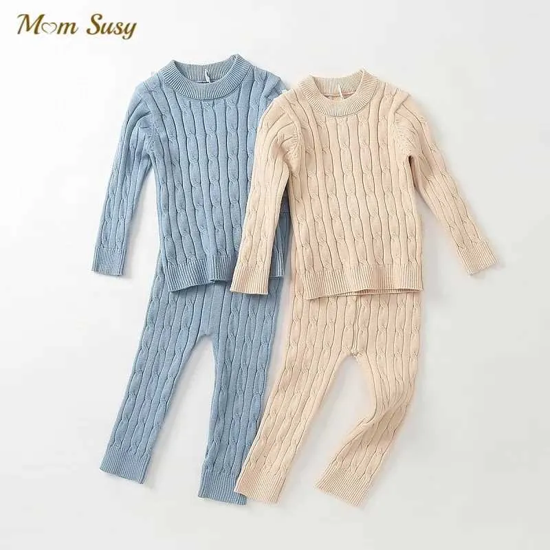 Kläder sätter nyfödda flickor pojke stickad kläduppsättning tröja+byxor 2 st bomull baby småbarn stickad blixtlås kläduppsättning 0-2yl2405