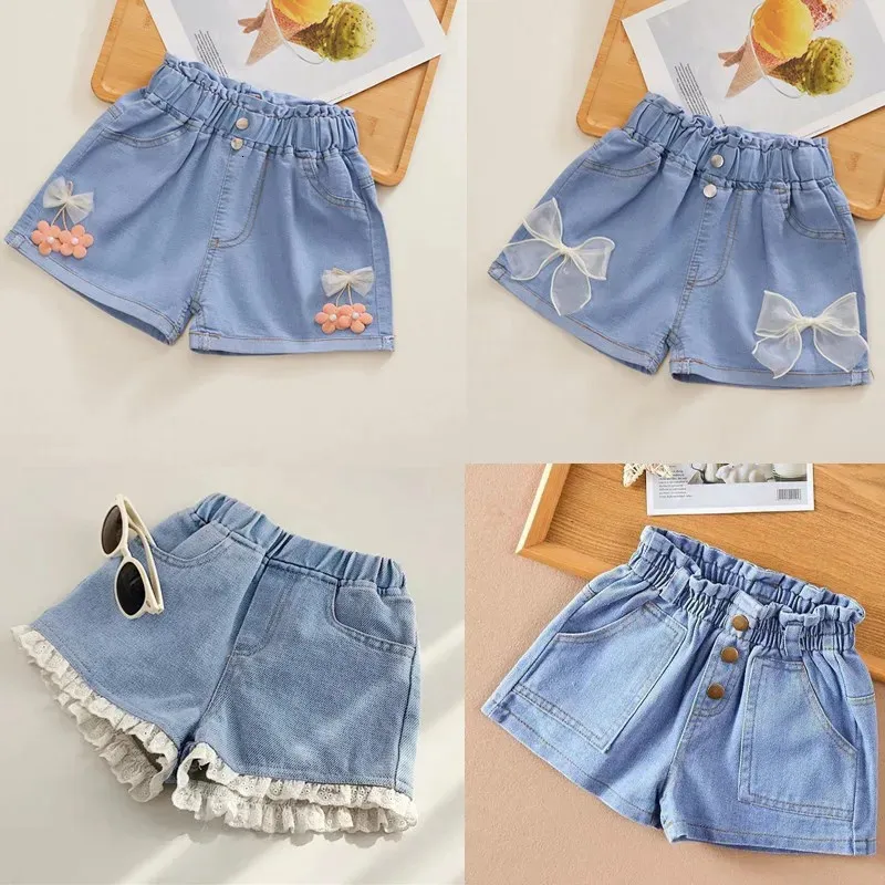 Koreanischer Stil Kid Kurzhilfe Shorts für Mädchen Mode Mädchen Prinzessin Jeans Kinder Hosen Blumenkleidung 240510