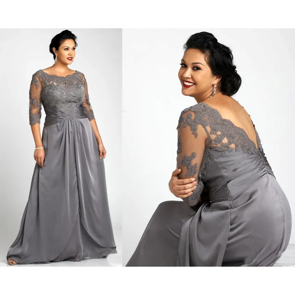 Plus -storlek Gray Mother of the Bride Dresses med 3 4 ärmar Scoop Neck Lace Elastic Satin Women Formella klänningar SD3431 224W