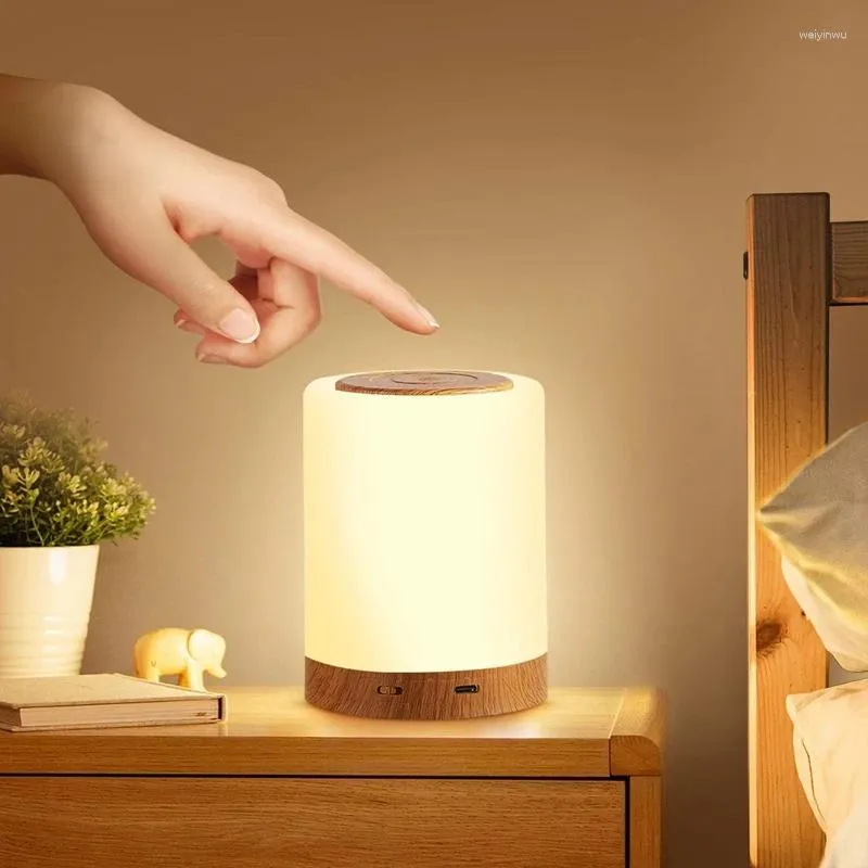 Lampes de table LED lampe de chevet tactile mâchable avec 7 couleurs et 4 modes en bois léger de nuit USB rechargeable