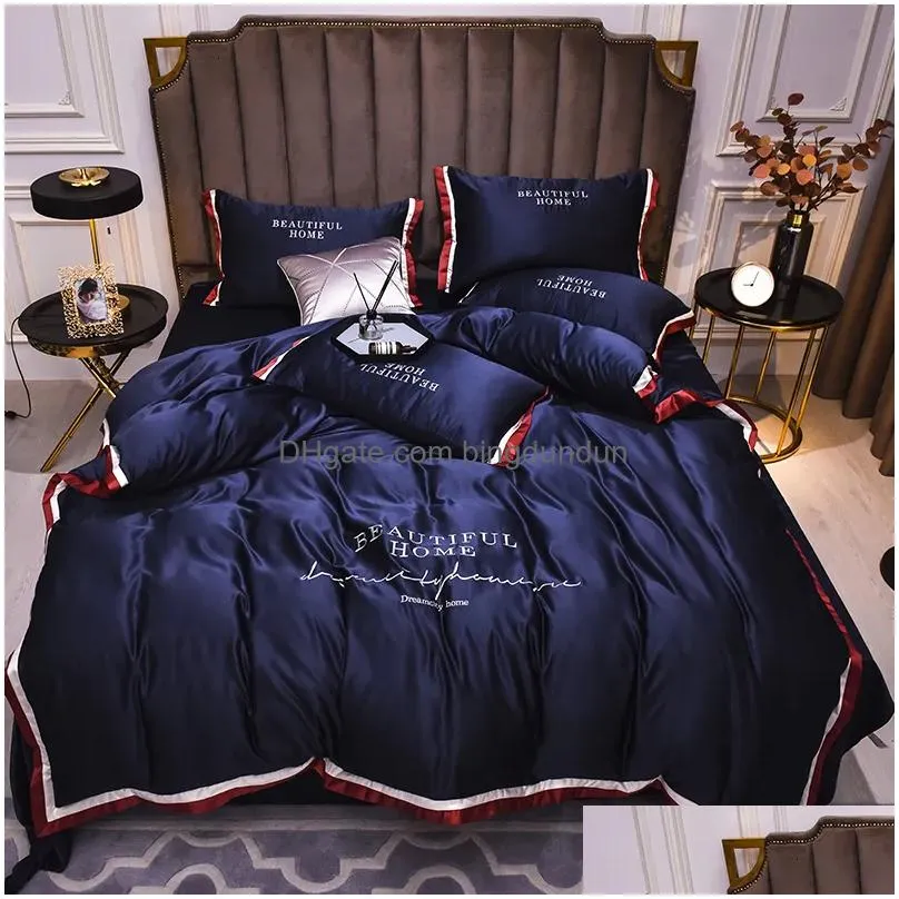 Ensembles de literie Luxury Rose Gris Gris Blanc Rayon Feuille d'oreiller de courtepointe confortable King Soft Fluffy Queen 4PCS 230809 DROP DELIVE DH6BU