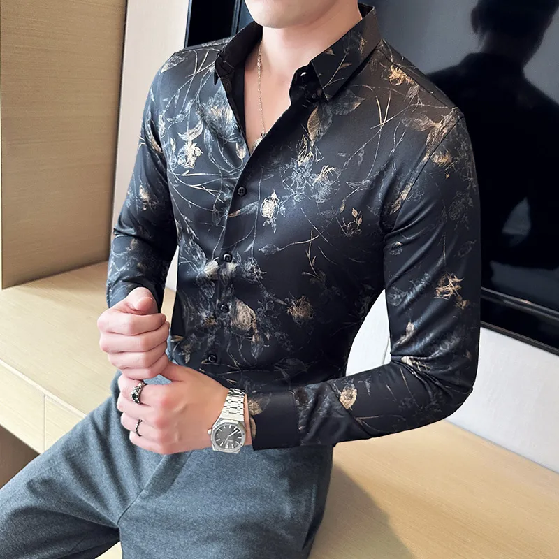 Camisa de seda de seda dourada de luxo masculino Moda Moda Slim Fit de mangas longas Camisas casuais Business Social Formal Dress Camisetas homens roupas 4xl