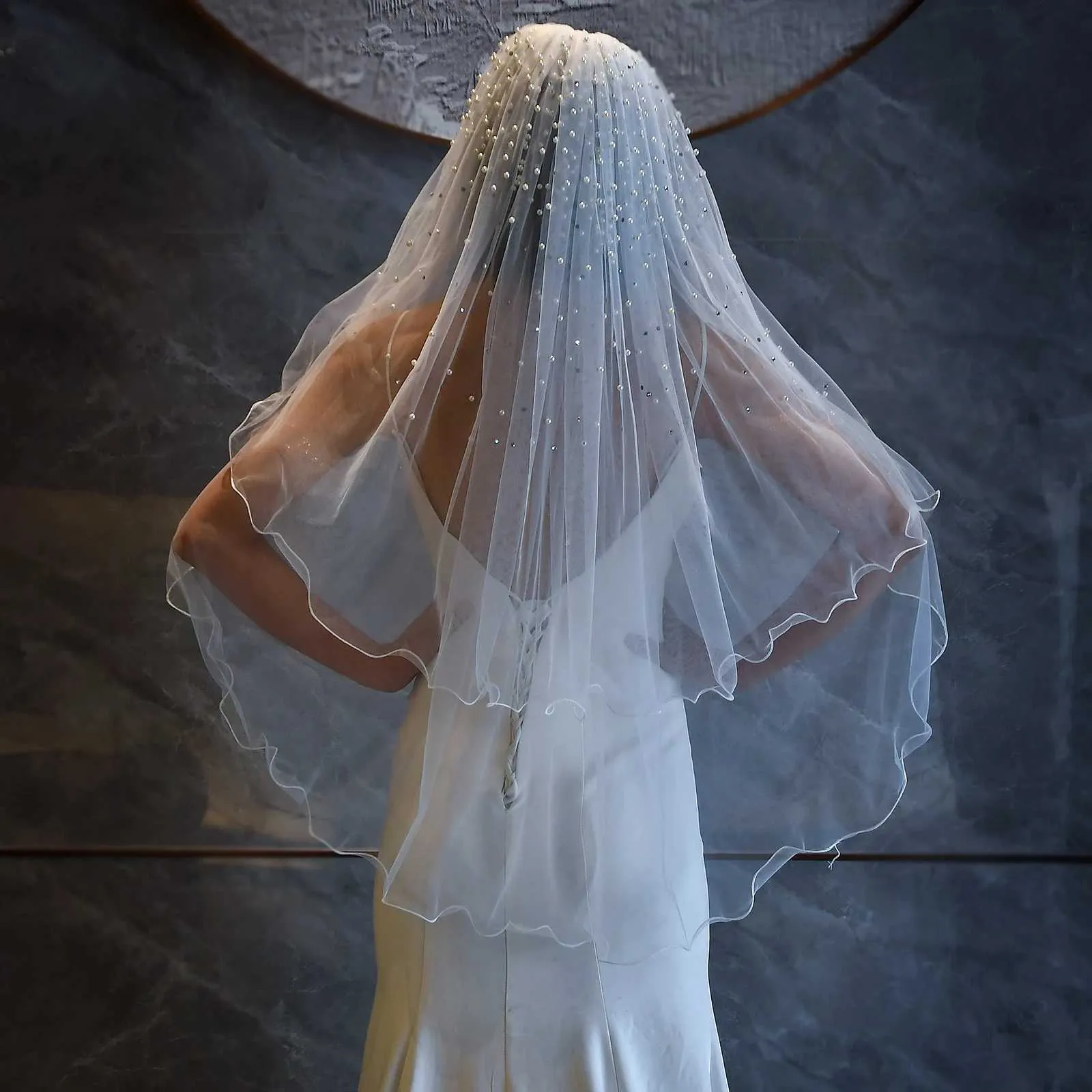 Hair Jewelry MZA32 2 Tier Veil with Blusher Pearls Bridal Veils Elbow Length Wave Pencil Edge Soft Wedding Accessories_ipsvogv.com